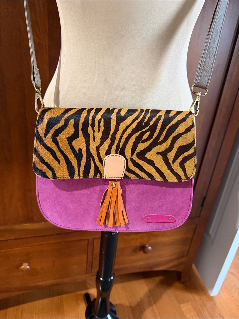 Soruka Fuchsia Suede and Zebra-Print Crossbody Bag with Tassel